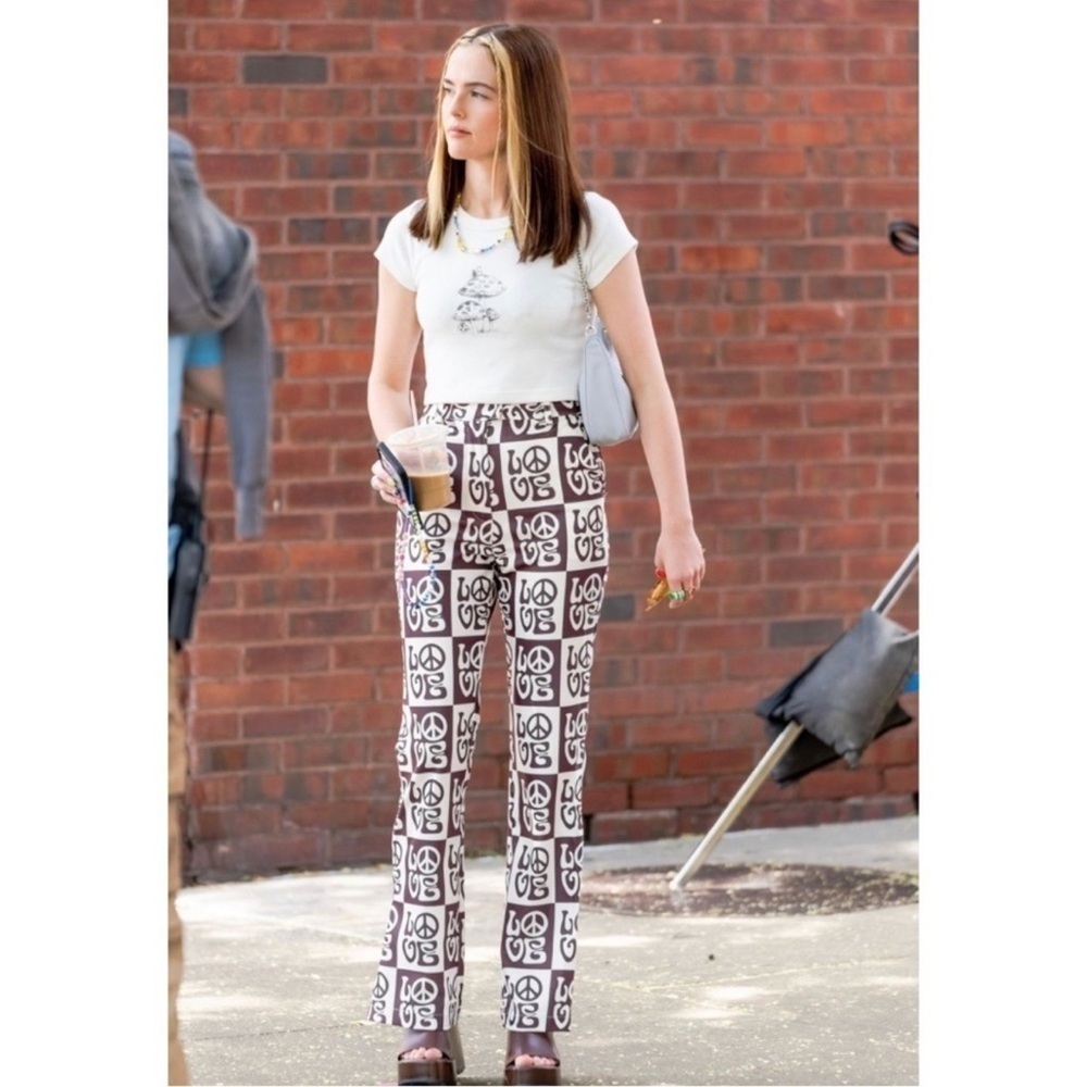 House of Sunny All You Need Is Love Pants US Brown White Flare Leg Zipper Hem